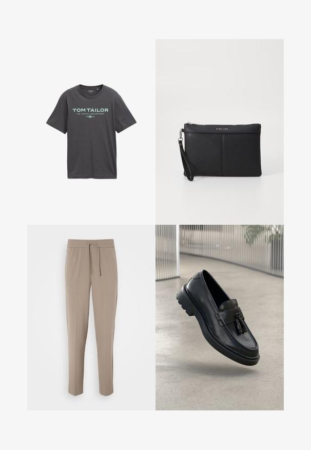 Mørkegrå bomulds t-shirt med korte ærmer, rund halsudskæring og teal trykt tekst, der inkluderer "TOM TAILOR" og "THE CASUAL DEPARTMENT."; Lys beige bukser med elastisk talje, justerbar snor og tapered ben. Stoffet ser glat ud med en let glans.; Sorte læderloafer med glat finish, dekorativ kvast, tyk gummisål og syede detaljer. Let og elegant design.; Sort syntetisk clutch med lynlåslukning, håndledsrem og en glat overflade. Har diskret syninger og et præg af logoet på fronten.