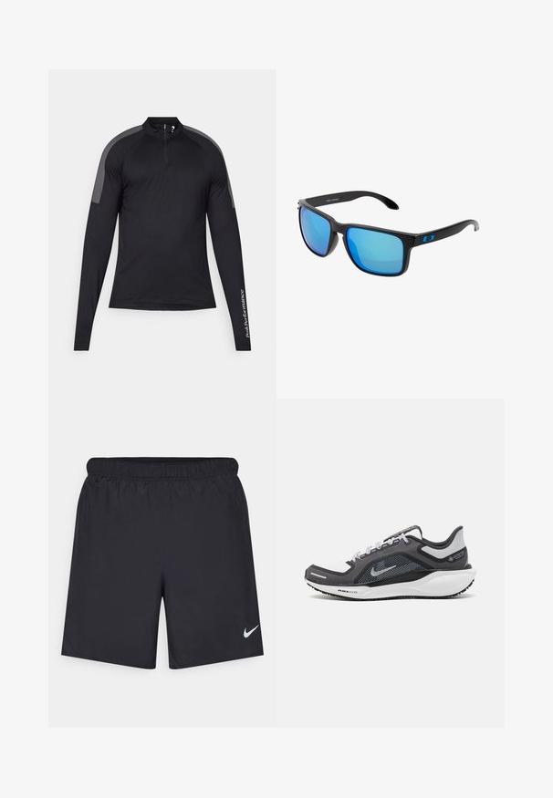 Schwarz langärmliges Sportoberteil mit einem Viertelreißverschluss und grauen Schultereinsätzen. Mit "PeakPerformance"-Text auf dem linken Ärmel.; Schwarze sportliche Shorts aus leichtem Material mit einem elastischen Bund. Auf der unteren linken Seite befindet sich ein kleines weißes Nike-Logo.; Schwarzer und grauer Sportschuh mit einem Mesh-Obermaterial, reflektierenden Akzenten und einer weißen Zwischensohle. Verfügt über eine strukturierte Gummisohle und Schnürsenkel.; Stilvolle schwarze Sonnenbrille mit blauen verspiegelten Gläsern, quadratischen Fassungen und blauen Akzenten an den Schläfen. Hergestellt aus leichtem Kunststoffmaterial.