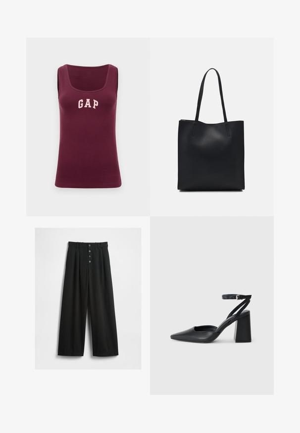 Top a canotta borgogna con un design aderente, texture a coste e un logo "GAP" rosa sulla parte frontale, caratterizzato da un collo a giro e senza maniche.; Pantaloni neri a gamba larga realizzati in un tessuto strutturato. Presentano una vita alta, una chiusura frontale a cinque bottoni e pince stirate per un tocco di dettaglio in più.; Pump in pelle nera con punta affusolata, cinturino alla caviglia e tacco spesso. Texture piatta, design elegante ed estetica minimalista.; Borsa tote in pelle nera con texture liscia, forma rettangolare e due manici lunghi. Nessun hardware o decorazione visibile.