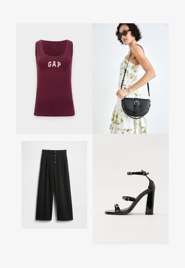 Burgunderfarbener Tank-Top mit taillierter Passform, gerippter Textur und pinkem "GAP"-Logo auf der Vorderseite, mit Rundhalsausschnitt und ohne Ärmel.; Schwarze weit geschnittene Hosen aus einem strukturierten Stoff. Sie verfügen über eine hohe Taille, einen fünfknöpfigen Frontverschluss und gepresste Falten für zusätzliche Details.; Schwarze Lackleder-Sandalen mit hohen Absätzen, zwei Riemen mit Schnallen, quadratischer Zehenpartie und klobigem Blockabsatz, mit einer glatten, glänzenden Textur.; Schwarze Lederhandtasche mit geschwungener Form, abnehmbarem Tragegurt und goldenen Beschlägen. Die Tasche verfügt über einen Deckel mit einer Schnallen-Details.
