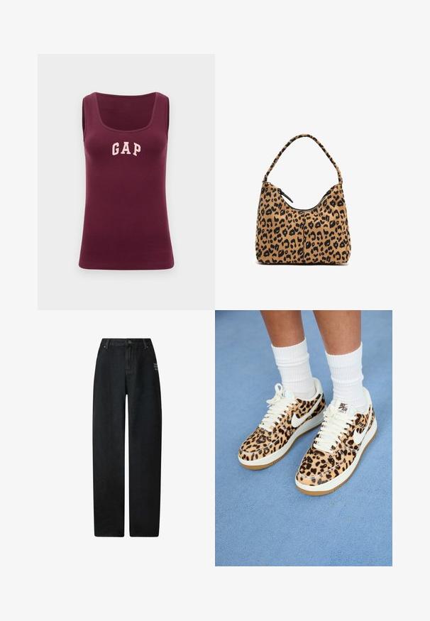 Burgunderfarbener Tank-Top mit taillierter Passform, gerippter Textur und pinkem "GAP"-Logo auf der Vorderseite, mit Rundhalsausschnitt und ohne Ärmel.; Schwarze Denim-Jeans mit weitem Bein und hoher Taille, ausgestattet mit einem Fünf-Taschen-Design und einem kleinen bestickten Detail auf der Vorderseite.; Nike Air Force 1 Sneakers im Leopardenmuster mit weißen Schnürsenkeln und Swoosh, ausgestattet mit einer beige Gummisohle und einer strukturierten Oberseite. Weiße Crew-Socken sichtbar.; Tasche mit Leopardenmuster und abgerundetem Griff, aus weichem Stoff gefertigt, mit einem Reißverschlussverschluss oben und schwarzen Akzenten an den Kanten.