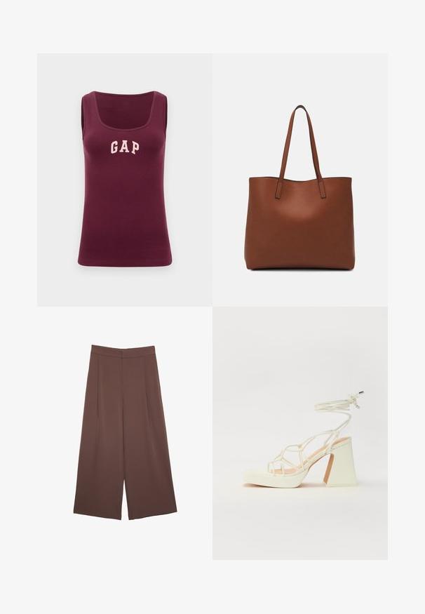 Bordo majica na bretele s prilagođenim dizajnom, rebrastom teksturom i ružičastim "GAP" logotipom na prednjem dijelu, s izrezom u obliku kružnice i bez rukava.; Smeđe hlače širokog kroja s glatkom teksturom, koje imaju visok struk i nabore sprijeda. Tkanina je lagana i slobodno se kreće.; Bijela sandala na visokoj potpetici s debelim petom, s remenom i vezanjem oko gležnja. Glatka tekstura s platformom sprijeda za dodatnu visinu.; Smeđa kožna torba preko ramena s glatkom teksturom, otvorenim vrhom i dvjema naramenicama. Ima minimalne šavove i nema vidljivog hardvera.