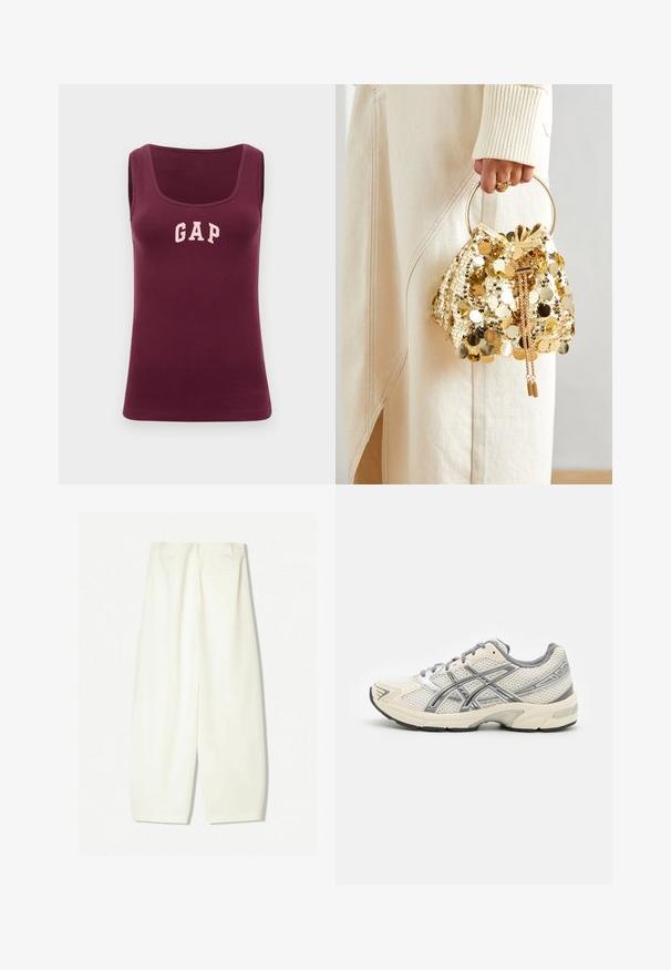 Top de burgundă fără mâneci, cu un design ajustat, textură încrețită și un logo roz "GAP" pe față, având un decolteu rotund.; Pantaloni evazați dintr-un material crem moale, cu o textură fină, buzunare frontale și o croială lejeră cu un talie de înălțime medie.; Pantofi de alergare cu un superior respirabil din plasă albă, accente argintii, șireturi gri și o talpă din cauciuc negru durabilă. Design ușor și cu amortizare.; Geantă de mână cu mânere circulare, confecționată din paiete aurii, cu un șnur de închidere, având paiete rotunde strălucitoare și o țesătură texturată. Dimensiunile nu sunt furnizate.