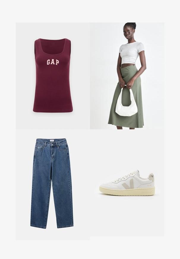 Burgundy linne med en figursydd design, ribbad textur och en rosa "GAP"-logotyp framtill, med en rundad halsringning och utan ärmar.; Klassiska blå denimjeans med rak benform, fem fickor och knäppning. Har en medelblå tvättning och stadig textur.; Vita lädersneakers med beige mockadetaljer, perforerad tåbox, platta snören och en texturerad krämfärgad sula. Har diskret varumärkning på hälen.; Grå ribbad crop top och olivgrön högmidjad kjol. Modellen håller en vit axelremsväska med utskärningar. Enkelt design, tight passform.