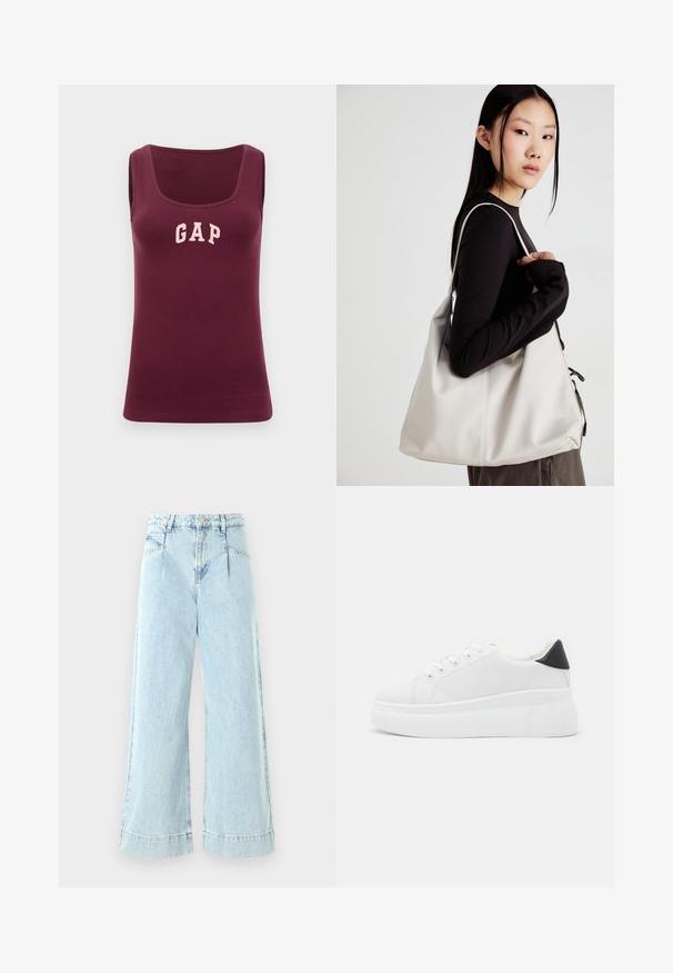 Top a canotta borgogna con un design aderente, texture a coste e un logo "GAP" rosa sulla parte frontale, caratterizzato da un collo a giro e senza maniche.; Jeans a gamba larga di colore blu chiaro in denim, con vita alta, tasche frontali e dettagli cuciti all'orlo.; Sneakers platform bianchi realizzati in materiale sintetico liscio, con punta arrotondata, design con lacci e suola in gomma texture. Accento nero nel tallone.; Borsa a mano beige realizzata in materiale morbido, caratterizzata da un design morbido, dettagli cuciti e due manici. Adatta per l'uso quotidiano.