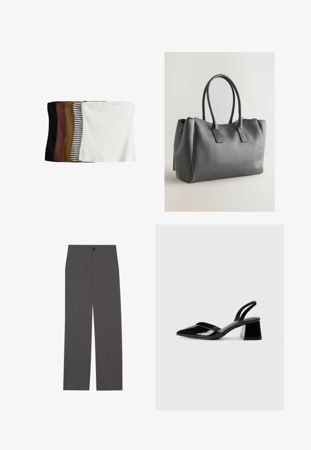 Conjunto de cinco tops cortos: negro, marrón oscuro, oliva, beige con rayas blancas y blanco. Hechos de tejido acanalado, diseño sin costuras y ajuste elástico.; Pantalones grises con un diseño de pierna recta, que cuentan con dos bolsillos laterales y un cierre de botón. Tejido suave sin patrones o acentos visibles.; Zapatos de tacón slingback de charol negro con punta afilada y tacón geométrico en bloque. Presentan un diseño elegante y minimalista, así como una textura suave.; Bolso de mano de cuero gris con asas dobles, de forma rectangular, textura suave y diseño minimalista. Presenta paneles laterales planos y costuras sutiles.