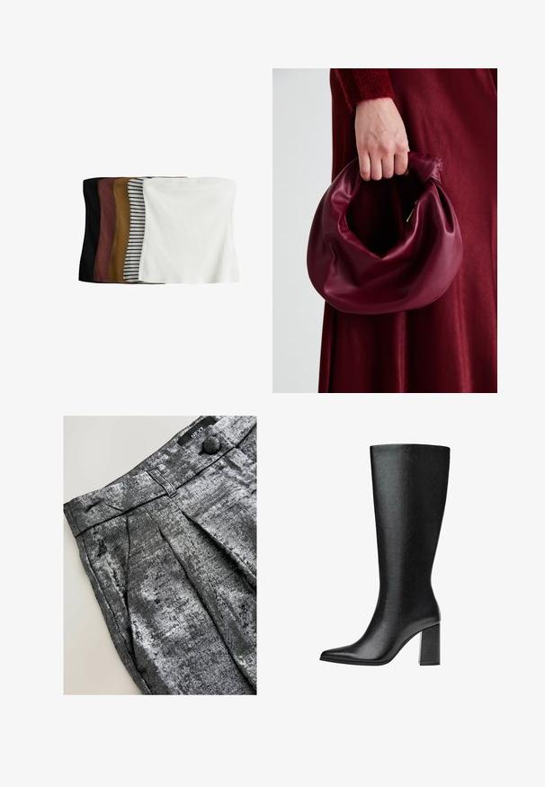 Sæt med fem crop tops: sort, mørkebrun, oliven, beige med hvide striber og hvid. Fremstillet af ribbet stof, sømløst design, strækbar pasform.; Grå plisserede bukser i et skinnende, tekstureret stof med knaplukning og mærkeetiket. Har subtile tonale variationer.; Sorte knæhøje støvler lavet af imiteret læder med spids tå, glat tekstur og en chunky blokhæl. Minimalistisk design uden synlige detaljer.; Bordeaux læderhåndtaske med et blødt, samlet design og en rund form. Håndtaget er sikret og viser en glat tekstur.