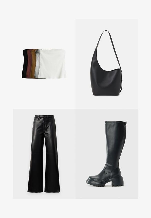 Set van vijf crop tops: zwart, donkerbruin, olijfgroen, beige met witte strepen, en wit. Gemaakt van ribbelstof, naadloos ontwerp, rekbaar pasvorm.; Zwarte high-waisted wide-leg neplederen broek met een voorste knoop, ritssluiting, riemlussen en zijzakken op een witte achtergrond.; Hoge zwarte leren laars met een chunky plateauzool en blokhak, voorzien van een trekband en een gestructureerd profiel op de buitenzool.; Zwarte leren hobo tas met een gladde textuur, kromme vorm en een enkele verstelbare schouderband; heeft een brede opening aan de bovenkant.