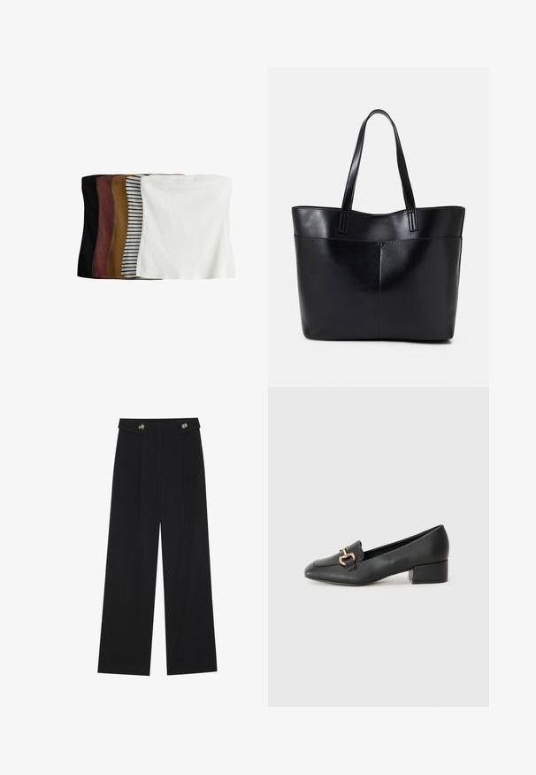 Piecu krūšturu komplekts: melns, tumši brūns, olīvu zaļš, bēšs ar baltām svītrām un balts. Izgatavoti no ribota auduma, bezšuvju dizains, elastīgs pielāgojums.; Melnas platās bikses ar augstu jostasvietu, pogu detaļām uz jostas un priekšējām krokām.; Melnas ādas loafers ar plakanu papēdi, kurām priekšā ir dekoratīvs zelta aparatūras elements un gluda tekstūra.; Melnas ādas iepirkumu soma ar divām garām rokturām, gludu tekstūru un strukturētu formu. Iekļauj priekšējo kabatu papildu uzglabāšanai.