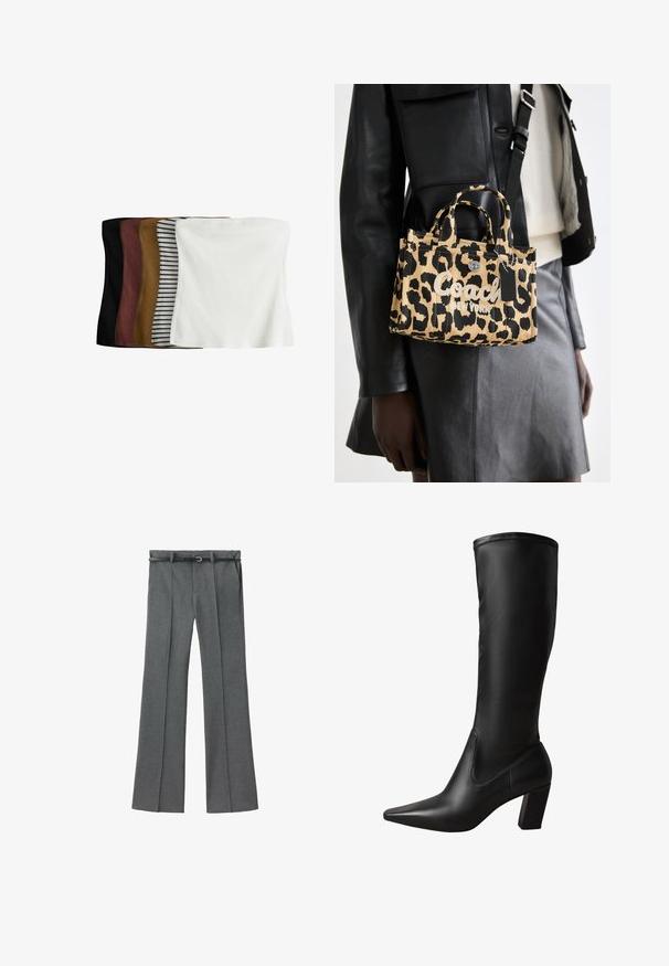 Ensemble de cinq tops courts : noir, marron foncé, olive, beige avec des rayures blanches et blanc. Fabriqués en tissu côtelé, design sans couture, ajustement extensible.; Pantalon gris ajusté avec une coupe droite, en tissu léger, poches pour ceinture et une ceinture étroite avec une boucle en argent.; Bottes montantes en cuir noir avec un bout pointu, un talon bloc, une texture lisse et une coupe ajustée. Détails de coutures le long de la tige.; Sac à main en toile imprimé léopard tan et noir, avec des poignées supérieures doubles et le texte "Coach New York" à l'avant avec un fermoir métallique.
