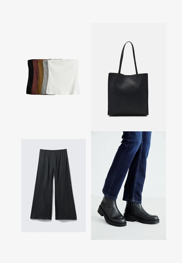 Ensemble de cinq tops courts : noir, marron foncé, olive, beige avec des rayures blanches et blanc. Fabriqués en tissu côtelé, design sans couture, ajustement extensible.; Pantalons larges noirs en tissu léger avec un waistband élastique et une texture lisse, légèrement brillante. Offre une coupe décontractée.; Bottines en cuir noir avec une semelle épaisse et des panneaux élastiques sur les côtés, associées à un jean bleu foncé. Le sol est de couleur claire.; Sac fourre-tout en cuir noir avec une texture lisse, de forme rectangulaire et deux longues poignées. Pas de matériel ou d'ornementations visibles.