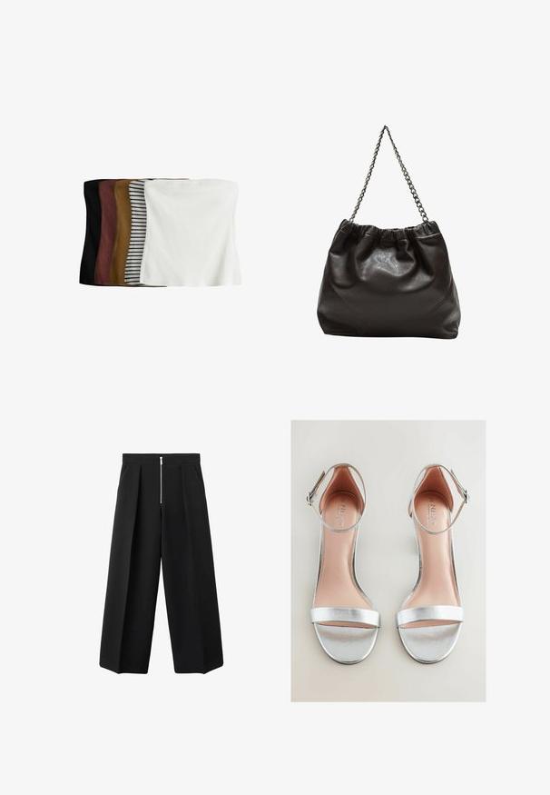 Viisi crop top -setti: musta, tummanruskea, oliivinvihreä, vaaleanruskea, jossa on valkoisia raitoja, ja valkoinen. Valmistettu ribbikankaasta, saumaton muotoilu, joustava istuvuus.; Mustat leveät housut, joissa on etuplieet ja näkyvä hopea vetoketjukiinnitys vyötäröllä, tasainen etuosa ja sivutaskut.; Hopeasävyiset korkokengät, joissa on metallinen pinta, tyylikäs nilkkaremmi ja leveä etuvyö. Kevyesti pehmustettu pohja, jossa on brändilogo.; Ruskea nahkainen laukku, jossa on kerätty yläosa ja ketjuhihna. Tasainen pinta, jossa kiiltävä viimeistely ja hienovaraiset sauman yksityiskohdat sivuilla.