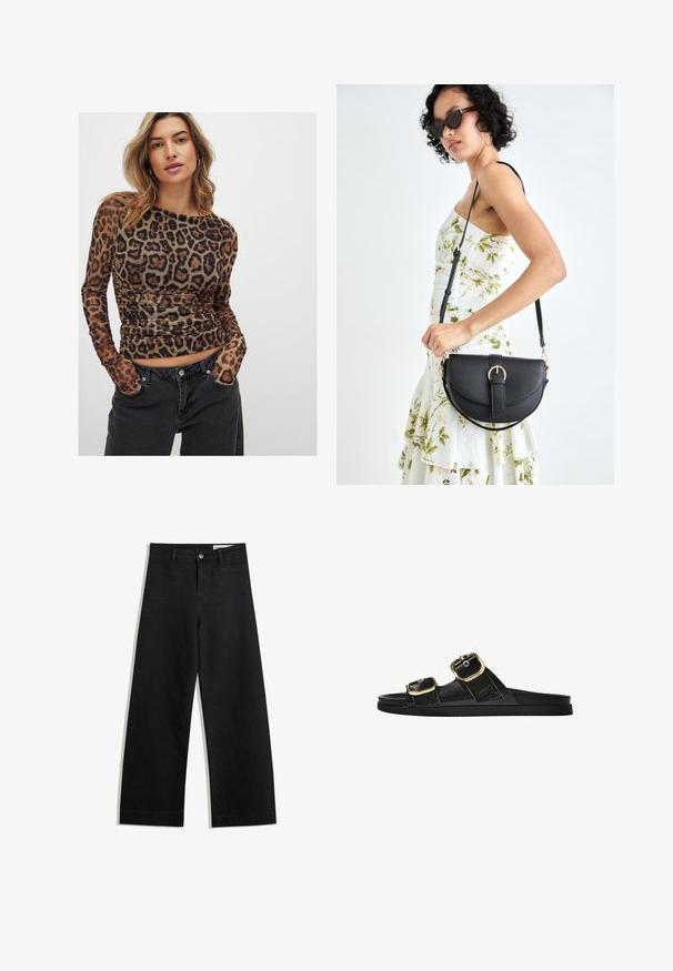 Leopard print long-sleeve top with a ruched design, featuring a sheer fabric in shades of brown and black. Paired with dark jeans.; Black wide-leg denim pants with a high waist, featuring front and back pockets, stitched seams, and a button closure. Smooth texture.; Black slide sandal with two gold buckle accents, smooth textured material, flat sole, and a minimalist design.; Black leather handbag with a curved shape, detachable strap, and gold hardware. The bag features a flap with a buckle detail.