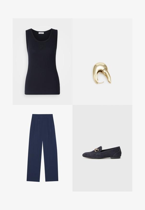 Tamsiai mėlyna suknelė su apvaliu kaklu ir be rankovių dizainu; priekyje yra mažas, tonuotas logotipas. Minkšta, tampri medžiaga.; Tamsiai mėlynos plačios kelnės, pagamintos iš minkštos medžiagos, su priekiniu raukiniu, lygiu paviršiumi ir tiesiu siluetu be matomų kišenių.; Tamsiai mėlyna zomšinė loafer tipo avalynė su apvaliu pirštu, pabrėžiančia dekoratyvią metalinę grandinėlę ir žemu kulnu su kontrastingais siuvinėjimo akcentais.; Aukso tono metalinės auskarai su stilingu, kreiviu dizainu. Išsiskiria ryškiu smailiu pavidalu, poliruota paviršiumi ir užsegimu su vyriu.