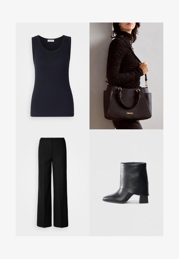 Mornarski rebrasti top bez rukava s okruglim izrezom; sadrži mali, tonirani logotip sprijeda. Mekana, rastezljiva tkanina.; Crne široke hlače od glatkog materijala, s visokim strukom, krojenim šavovima i minimalističkim dizajnom. Bez vidljivih metalnih dijelova ili džepova.; Crna kožna čizme do gležnja sa šiljastim prstom, glatke teksture i strukturiranim blok petom. Ima visoki, preklopljeni dizajn manžetne.; Crna torba s teksturiranom površinom, dvostrukim gornjim ručkama i podesivom remenom za rame. Ima zlatne metalne detalje i bočne džepove.