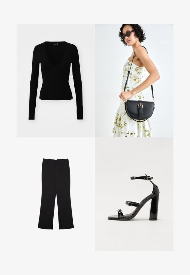 Schwarzes Langarmoberteil mit tiefem V-Ausschnitt, figurbetontem Design, glatter Textur und einer geschwungenen Nahtdetails an der Brust.; Schwarze Hose mit geradem Schnitt, ausgestattet mit Fronttaschen und Seitenschlitzen am Saum. Hergestellt aus weichem, glattem Stoff. Geeignet für verschiedene Anlässe.; Schwarze Lackleder-Sandalen mit hohen Absätzen, zwei Riemen mit Schnallen, quadratischer Zehenpartie und klobigem Blockabsatz, mit einer glatten, glänzenden Textur.; Schwarze Lederhandtasche mit geschwungener Form, abnehmbarem Tragegurt und goldenen Beschlägen. Die Tasche verfügt über einen Deckel mit einer Schnallen-Details.