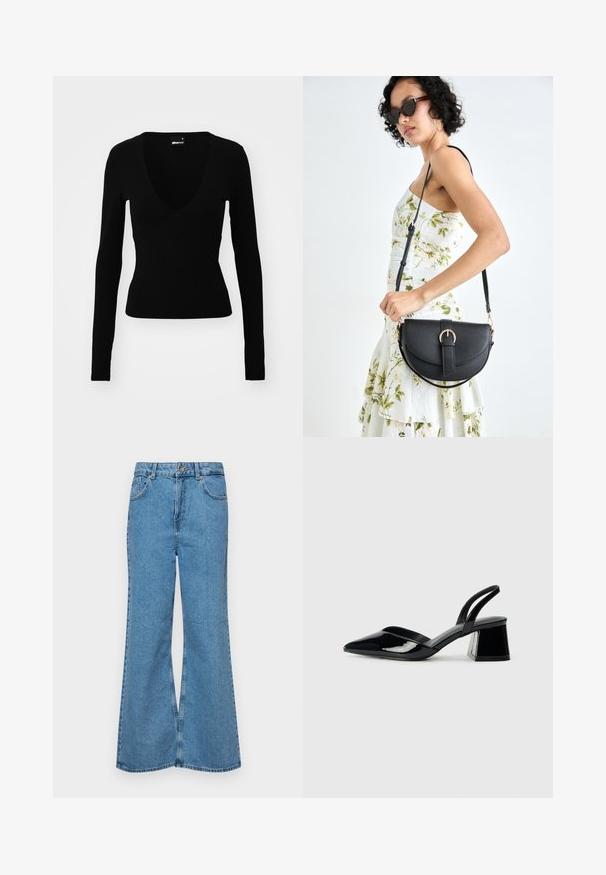 Črna dolga majica s dolgimi rokavi z globokim V-izrezom, prilegajoča zasnova, gladka tekstura in ukrivljen šivni detajl na prsi.; Svetlo modri razširjeni džins hlače iz denima, z visokim pasom, petimi žepi in enim gumbom za zapiranje. Mehka tekstura z blagim zbledelim videzom.; Črne lakirane slingback pete s koničastim nosom in geometrijsko blokasto peto. Imajo eleganten, minimalističen dizajn in gladko teksturo.; Črna usnjena torbica s ukrivljeno obliko, z odstranljivo naramnico in zlatimi dodatki. Torbica ima pokrov s podrobnostmi v obliki zaponke.