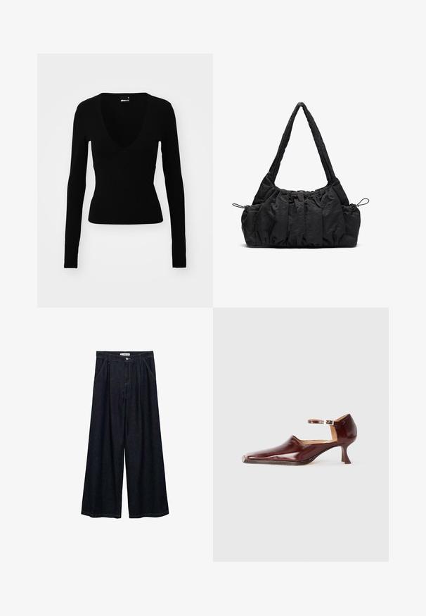 Črna dolga majica s dolgimi rokavi z globokim V-izrezom, prilegajoča zasnova, gladka tekstura in ukrivljen šivni detajl na prsi.; Temno jeans hlače širšega kroja z visokim pasom, ki imajo sprednje zapiranje na gumb, dve stranski žepu in detajle v šivanju.; Burgundska lakirana čevlja s ostrim nosom, trakovi okoli gležnja in 5 cm koničastim petam. Gladka tekstura in minimalistična zasnova.; Črna tkanina torbica z nabranim teksturo, dvema naramnicama in zategovanjem na straneh. Gladek, lahkoten material.