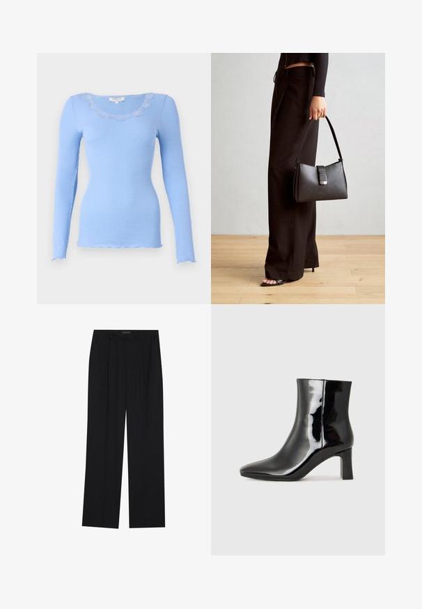 Lys blå langermet topp med ribbet tekstur. Har en scalloped blondekant i halsen og rå kantlinjer. Fitted silhuett.; Sorte bukser med rette ben, som har to frontlommer og en talje. Laget av et glatt, lett stoff.; Sorte patentlær ankle boot med spiss tå og en mellomhøy blokkhelt. Glatt tekstur og minimalistisk design.; Svart håndveske med strukturert form, jevn tekstur og metallisk lås. Kombinert med brede svarte bukser og sandaler med åpen tå på tregulv.