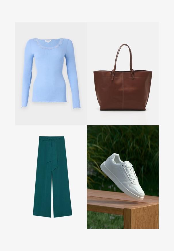 Světle modrý top s dlouhým rukávem a ribovanou strukturou. Má krajkový výstřih s vlnkovým okrajem a surové lemy. Upnutý silueta.; Široké kalhoty v tmavě modrozelené barvě s texturovaným povrchem, s páskem na uvázání pro nastavitelné uchycení a volnou siluetou.; Bílé tenisky s hladkým syntetickým svrškem, perforovanou špičkou, plochými tkaničkami a texturovanou podrážkou, vystavené na dřevěném povrchu.; Hnědá kožená taška přes rameno s dvojitými uchy, s kontrastním prošíváním a prostorným designem, vhodná pro každodenní použití.