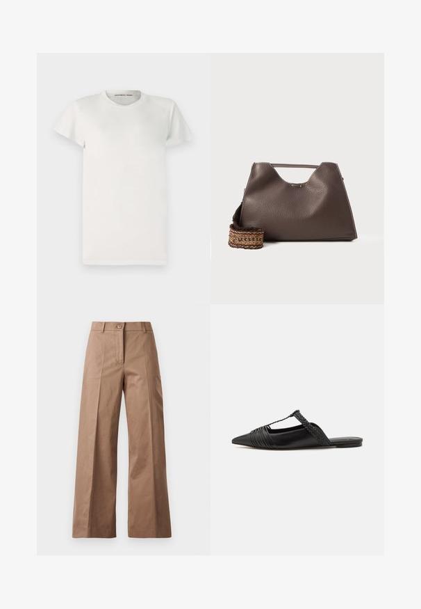 Biała koszulka z krótkim rękawem wykonana z bawełny, z okrągłym dekoltem i prostym krojem. Metki widniejące wewnątrz kołnierza informują o "DESIGNERS REMIX".; Brązowe spodnie szerokie, wykonane z gładkiego materiału, z zamknięciem na guzik z przodu, dwiema przednimi kieszeniami oraz czystymi, dopasowanymi liniami.; Czarny skórzany but na odkrytej pięcie z pointed toe, ozdobiony plecionym akcentem i plisowanym wzorem górnej części. Płaska podeszwa z minimalnymi elementami.; Brązowa skórzana torebka niezbyt miękka w dotyku, o kanciastym kształcie i charakterystycznym górnym uchwycie. Posiada wzorzystą wplecioną taśmę.
