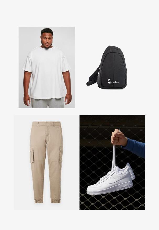 White oversized cotton t-shirt with short sleeves and a round neckline, featuring a smooth texture and relaxed fit, worn with grey shorts.; Beige cargo pants in a lightweight cotton material. Features elastic cuffs, multiple side pockets, and a button closure.; White leather sneakers with perforations, round toe, flat sole, and thick laces, featuring a visible swoosh logo and "AIR" on the heel.; Black fabric sling backpack with a smooth texture, featuring a curved design, zippered compartment, and a white logo on the front.