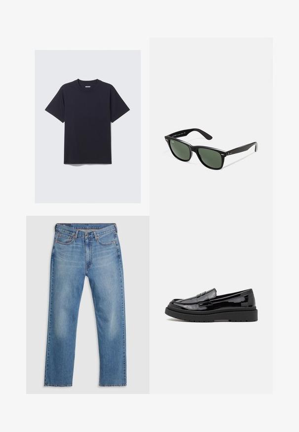 Sort bomulds T-shirt med rund hals, korte ærmer og en afslappet pasform. Har et simpelt design uden mønstre eller synligt hardware.; Blå lige ben denim jeans med frontknap og lynlås, bæltestropper og fem lomme-design på en hvid baggrund.; Sorte patenterede læderloafers med en rund tå, et dekorativt bånd og en tyk sort gummisål. Glat, blank overflade med minimal syning.; Sorte plastiksolkaber med grønne linser, firkantede stel, sølvaccent på brynene og teksturerede templede arme. Angivet mærke på den indre arm.