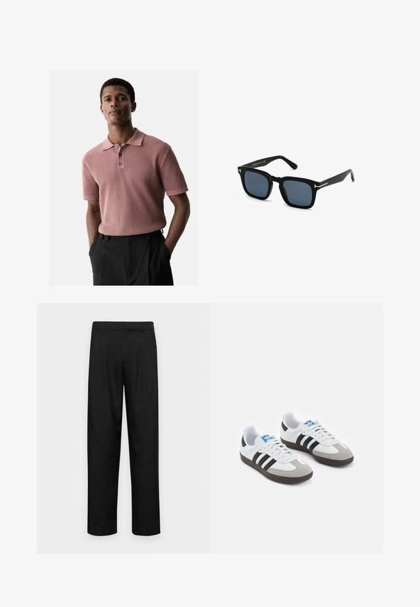 Ribbed, lyhythihainen polo paita pölypinkkinä, jossa on kauluspääntie ja kolmipainike-aukko. Yhdistetty tummiin housuihin, kädet taskuissa.; Mustat housut, jotka on valmistettu sileästä kankaasta, suoran lahkeen muotoilulla, kahdella etupleekillä ja tavanomaisella vyötäröllä, jossa on vyölenkit.; Urheilukengät, joissa on valkoinen nahkainen päällinen, harmaa mokkanokka ja kolme mustaa raitaa. Ominaisuuksina sininen logo kielekkeessä ja kuvioitu kumipohja.; Mustat neliömäiset aurinkolasit tummilla linsseillä, mattapintaiset ja kultaiset metalliset yksityiskohdat temppeleissä, minimalistinen muotoilu.