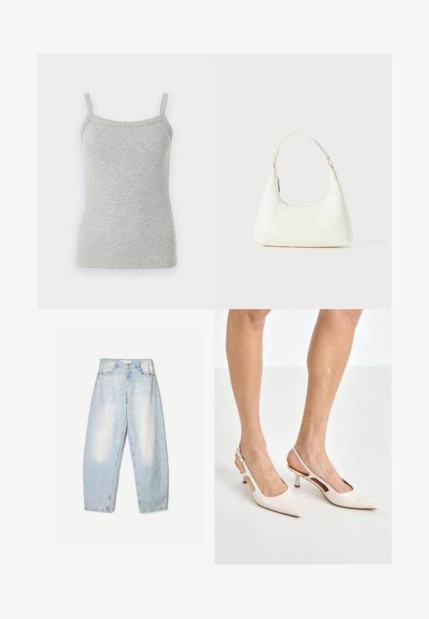 Gray ribbed tank top with thin straps, featuring a fitted design and soft texture, suitable for layering or casual wear.; White button-up shirt with a classic collar, long sleeves, and a relaxed fit. Made from lightweight fabric with a smooth texture.; Light blue denim jeans with a loose fit, featuring a faded finish, two front pockets, and a button closure at the waistband.; Beige patent leather slingback heels with a pointed toe and 5 cm heel, featuring cut-out sides and a thin ankle strap.; Small white shoulder bag with a single adjustable strap and a zipper closure, set against a plain white background.