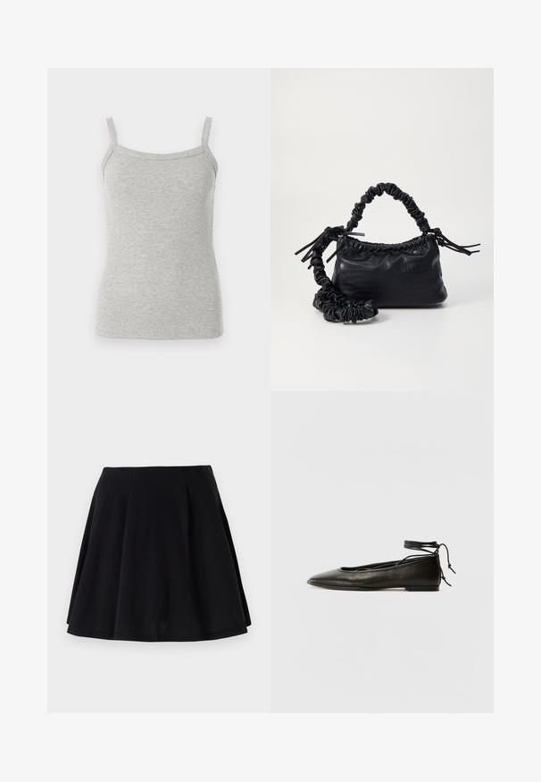 Gray ribbed tank top with thin straps, featuring a fitted design and soft texture, suitable for layering or casual wear.; Black cotton skirt with a flared silhouette, featuring pleats along the waist area and a smooth texture. Suitable for casual wear.; Black leather ballet flats with a pointed toe, ankle tie, and flat sole, featuring a smooth texture and minimalistic design.; Black faux leather handbag with a crocodile texture, cinched top, and a scrunched strap. Appears soft and compact in design.