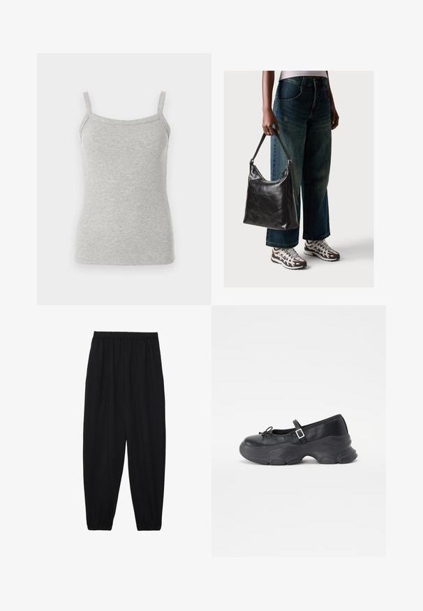Gray ribbed tank top with thin straps, featuring a fitted design and soft texture, suitable for layering or casual wear.; Black, lightweight pants with an elastic waistband and gathered ankles. The fabric is smooth and features a relaxed, tapered design.; Black leather Mary Jane shoe with a rounded toe, bow detail, and an adjustable ankle strap. Features a chunky rubber sole with curved accents.; Black leather shoulder bag with a smooth texture and adjustable strap, paired with faded wide-leg jeans and athletic sneakers.