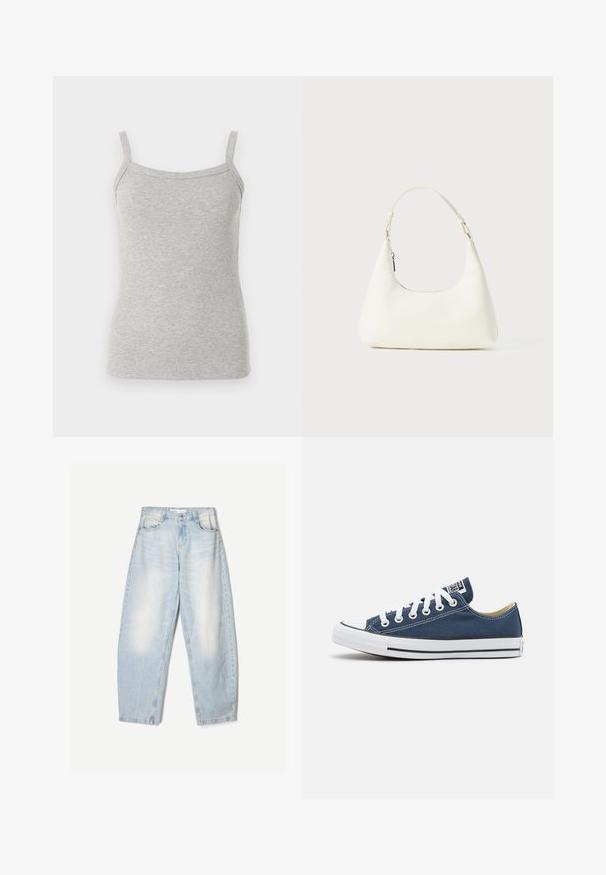 Sivi rebrasti top bez rukava s tankim trakama, s prilagođenim dizajnom i mekim teksturom, pogodan za slojevito odijevanje ili ležerno nošenje.; Svijetloplave traperice s širokim krojem, s izblijedjelim završetkom, dva prednja džepa i dugmetom za zatvaranje na struku.; Platnene tenisice u tamnoplavoj boji s bijelim rupicama i vezicama, s bijelim gumiranim vrhom prsti i crnom prugom duž potplata.; Mala mala bijela torbica s jednim podesivim remenom i zatvaračem na munje, postavljena na jednostavnoj bijeloj pozadini.
