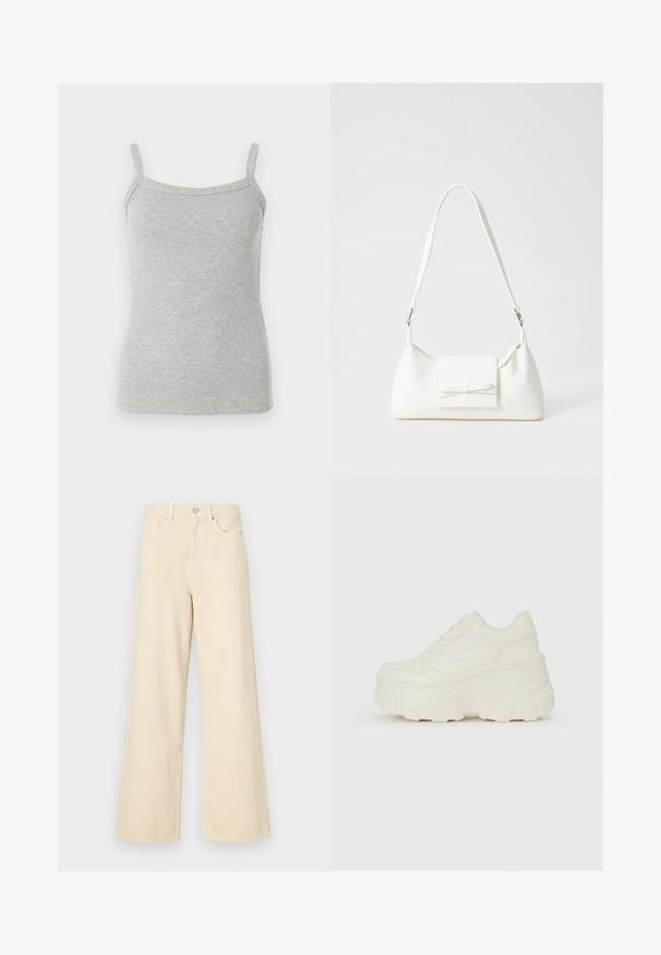 Pelēks ribots bezdiriša krekls ar plānām siksnām, ar pieguļošu dizainu un mīkstu tekstūru, piemērots slāņošanai vai ikdienas valkāšanai.; Bežīgas platpēdas džinses, izgatavotas no kokvilnas. Iekļauj pogu aizdari, jostas cilpas un priekšējos kabatas ar gludu, mīkstu tekstūru.; Baltie platformas sporta apavi, kas izgatavoti no gludas mākslīgās ādas, ar noapaļotu formu, mīkstu apkakli un teksturētu gumijas zoli ar izteiktiem rakstiem.; Balta sintētiska soma ar trīsstūrveida formu, plakanu priekšējo vāciņu un loku detaļu, regulējamu siksnu, gludu tekstūru un minimālistisku dizainu.