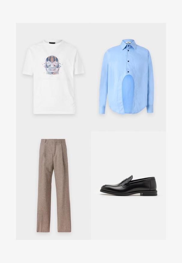 Valkoinen puuvillapaita, jossa on yksityiskohtainen pääkallo- graafikka sinisissä, oransseissa ja punaisissa sävyissä. Perinteinen pyöreä kaula-aukko ja lyhyet hihaset.; Vaaleansininen pitkähiha shirtti, jossa on terävä kaulus, mustat napit ja ainutlaatuinen aukko edessä erottuvan muotoilun vuoksi.; Ruskejat, korkeavyötäröiset housut, jotka on valmistettu teksturoidusta kankaasta. Ominaisuuksina ovat leveät lahkeet ja kaksi etupuolelle ommeltua laskosta rakenteen tukemiseksi. Siisti viimeistely ilman näkyvää metalliosaa.; Mustat nahkakengät, joissa on sileä pinta, pyöreä kärki ja koristeellinen nauha jalkapöydän yli. Matala pinoitu koroke, minimalistinen muotoilu.