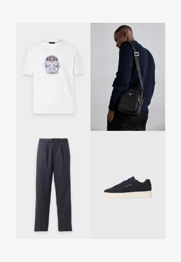 Balta medvilninė marškinėliai su išsamiu kaukolės grafiniu piešiniu mėlynos, oranžinės ir raudonos spalvų atspalvių. Standartinis apvalus iškirpimas ir trumpomis rankovėmis.; Tamsiai mėlynos kelnės, pagamintos iš švelnios medžiagos, su klostėtu priekiu ir elastingu juosmeniu. Yra mygtuko užtrauktukas ir tiesios išklikimo pjūvis.; Tamsiai mėlynos zomšos žemos batai su balta siaura, tamsiai mėlynais raišteliais ir auksiniu logotipu „Filling Pieces“ šone.; Juodas odinis kryžiumi nešiojamas krepšys su užtraukiamu skyriumi, logotipo detale ir prekinio ženklo reguliuojama juosta. Dėvimas ant tekstūrinio tamsiai mėlyno megztinio.