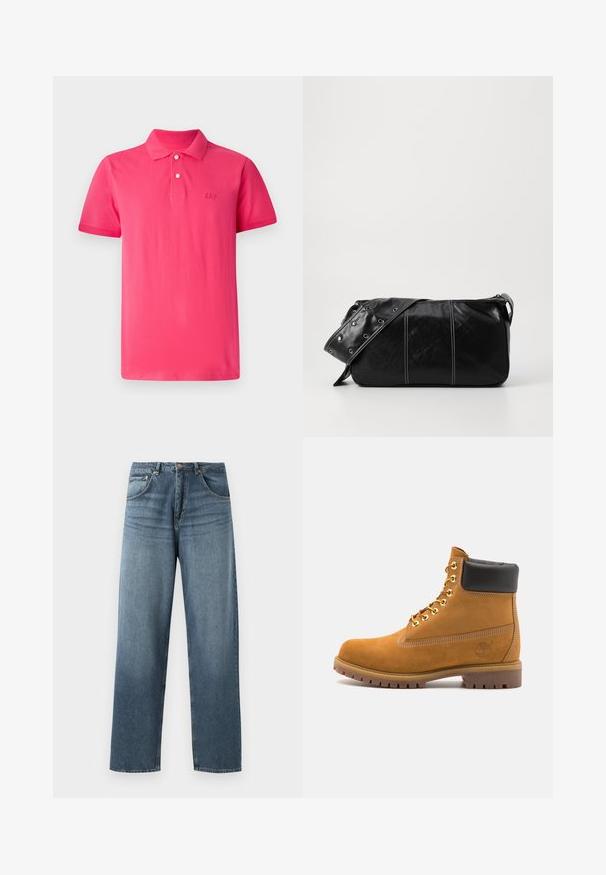Camisa polo de color rosa brillante hecha de algodón, con cuello clásico, tapeta de tres botones y el logo 'GAP' bordado en el pecho.; Jeans de mezclilla azul de pierna recta con un lavado desgastado, que cuentan con un diseño de cinco bolsillos, botón de metal y presillas para cinturón. Tejido estructurado y de peso medio.; Botín de ante marrón claro con collar acolchado negro, ojales de metal dorado, detalles de costura blanca y suela de goma resistente con tacos pronunciados.; Bolso de hombro de cuero negro con cierre de cremallera, que presenta un cuerpo texturizado, costuras blancas y una correa con ojales plateados.