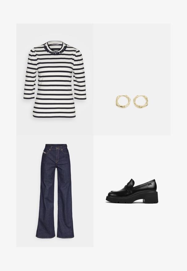Svītraina krekls ar horizontālām melnām un baltām svītrām, trīs ceturtdaļu piedurknēm, augstu apkakli un dekoratīvu melnu ķēdes akcentu apkakles apkārtnē.; Tumši zili platleņķa džinsi no denima auduma ar augstu jostasvietu, ar oranžām šuvēm, piecu kabatu dizainu un pogu aizdari.; Melnas ādas chunky papēža loafers ar biezu zoli un siksniņas detaļu pāri augšai, attēlots no sāna uz baltas fona.; Zelta riņķveida auskari ar tekstūru un neregulāru formu. Iekļauj bezšuvju aizdari un pulētu virsmas apdari, uzsverot mūsdienīgu dizainu.