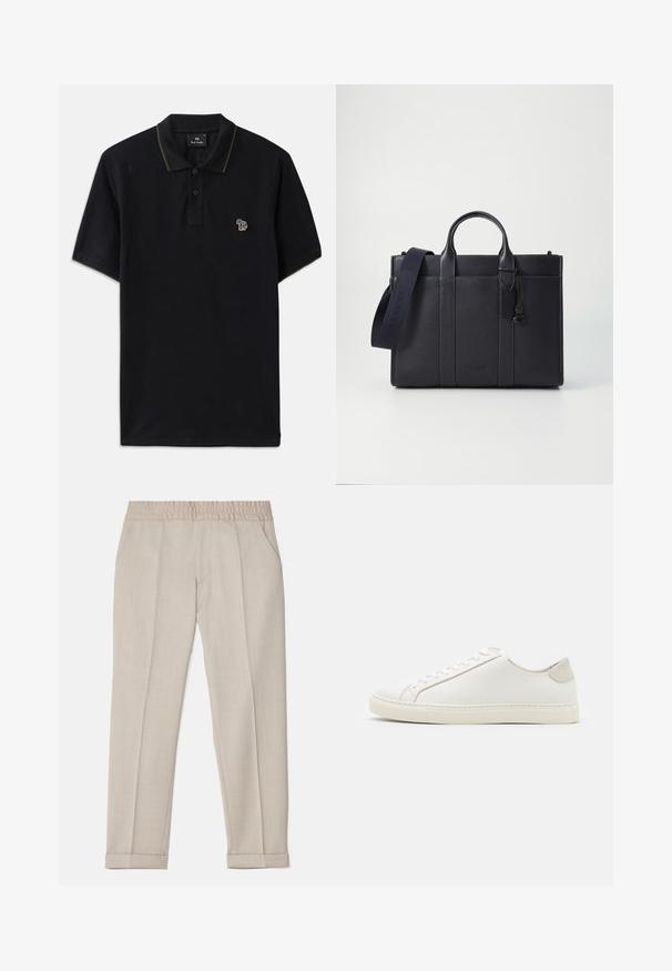 Mustapaita, joka on valmistettu puuvillasta ja jossa on vihreä kaulustviimeistely. Vasemmassa rinnassa on pieni monivärinen norsun brodeeraus.; Filippa K TERRY CROPPED TROUSERS - Housut - sage melange; Valkoinen nahkakengät, joissa on sileä pinta, pyöreä kärki ja minimalistiinen muotoilu. Varressa beige-yksityiskohtia ja kumipohja.; Tummansininen nahkainen salkku, jossa on kaksinkertaiset yläkahvat ja irrotettava hihna. Varustettu tekstuuripinnalla, pystysuoralla ompeleella ja logotiedoilla.