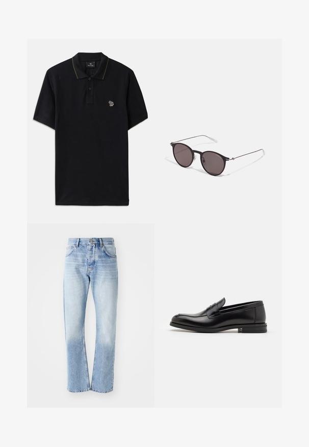 Mustra musta polo särk, mis on valmistatud puuvillast, rohelise kaeluse äärisega. Vasakul rinnal on väike eri värvi elevandi tikand.; Heled sinine teksapüksid sirge lõikega. Omab viit taskut, nööpide kinnitust ja pleekinud tekstuuri allosas.; Mustad mustad nahast loafers sileda tekstuuriga, ümarat ninaosa ja dekoratiivne riba vampi üle. Madal kihiline konts, minimalistlik disain.; Mustad mustad prillid tumedate läätsedega ja õhukeste metallist käepidemetega. Kaarja kujuga seljaosa ja hõbedased aktsendid hingel. Minimalistlik disain.