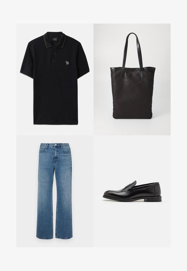 Mustra musta polo särk, mis on valmistatud puuvillast, rohelise kaeluse äärisega. Vasakul rinnal on väike eri värvi elevandi tikand.; Laiad sinised teksad, mis on valmistatud denimist ja millel on kulunud viimistlus. Omab viit taskut, ees nööpidega kinnitust ja sirget lõiget.; Mustad mustad nahast loafers sileda tekstuuriga, ümarat ninaosa ja dekoratiivne riba vampi üle. Madal kihiline konts, minimalistlik disain.; Mustmust kott mustade nahkade käepidemetega. Lihtne disain, avar keha ja sile tekstuur. Pole nähtavaid logosid ega mustreid.