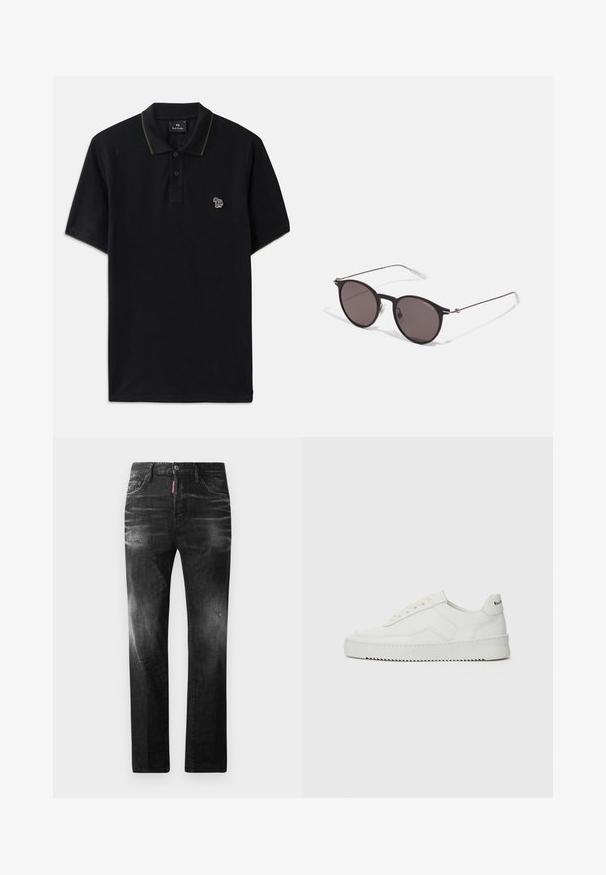 Fekete pamut póló zöld gallérpánttal. Bal mellen egy kis színes elefánt hímzés található.; Fekete farmernadrág egyenes szabással. Fakadó területek, kisebb kopások, klasszikus öt zsebes kialakítás és gombos zárás jellemzi.; Fehér bőr sportcipő sima felülettel, kerek orral, lapos fűzőkkel és texturált talppal. Finom logó található a sarokon.; Fekete kerek napszemüveg sötét lencsékkel és karcsú fém szárakkal. Átlátszó szárvégeket és ezüst részleteket tartalmaz az ívnél. Minimalista dizájn.
