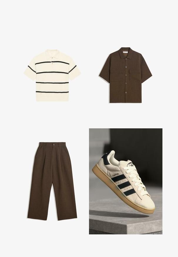 Poloshirt mit kurzen Ärmeln, Waffeltextur, cremefarbend mit schwarzen Horizontalstreifen, drei-Knopf-Leiste, geripptem Kragen und Saum.; Kurzärmliges, dunkelbraunes Hemd aus strukturiertem Stoff. Verfügt über eine Knopfleiste und zwei Brusttaschen. Lässiges Design mit entspannter Passform.; Braune Plisseehosen mit weitem Bein, ausgestattet mit einem Knopfverschluss und seitlichen Taschen, aus strukturiertem Stoff, der sich gut für Freizeitkleidung eignet.; Beige Wildledersneaker mit drei dunkelblauen Streifen, weißen Schnürsenkeln und einer tannfarbigen Gummisohle. Verfügt über ein Logo auf der Zunge und den Text "CAMPUS".