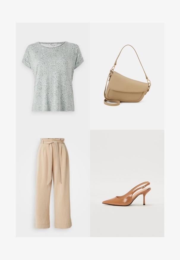 Šviesiai žalia marškinėliai su leopardų raštu, apvaliu iškirpimu, trumpomis rankovėmis ir minkšta, tekstūruota medžiaga. Atsitiktinis ir laisvas dizainas.; Smėliniai plačiakojai kelnių su diržu, pagaminti iš tekstūruoto audinio. Yra priekinė klostė ir lygi apdaila palei apačią.; Pailgų smailiu pirštu slingback kulnas, pagamintas iš lygaus, blizgaus rudos spalvos medžiagos. Yra kreivų išpjovimų dizainas ir lieknas stiletto kulnas. Sidabrinė sagtis.; Even&Odd Rankinė - beige