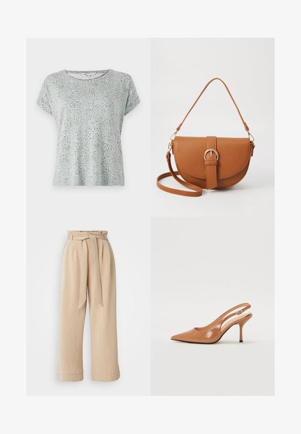 Lys grønn t-skjorte med leopardskriftmønster, rund hals, korte ermer og myk, teksturert stoff. Uformell og løs passform.; Beige vide bukser med belte i midjen, laget av teksturert stoff. Har en frontfold og en jevn finish langs kanten.; Spiss tå slingback hæl i et glat, glinsende brunt materiale. Har et buet utskårent design og en slank stilett hæl. Sølvspenne detalj.; Brun lærcrossbody-veske med en buet form, gullhardware og et spenneakcent. Har en avtakbar skulderreim.