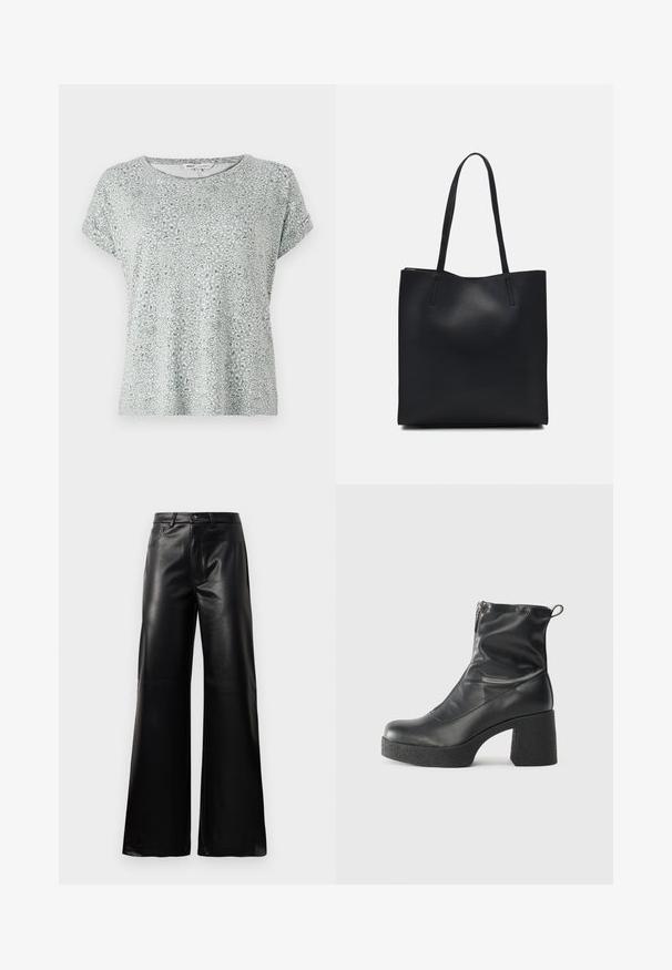 Tricou de culoare verde deschis cu un model de imprimeu cu leopard, decolteu rotund, mâneci scurte și material moale, texturat. Design casual și lejer.; Pantaloni negri cu talie înaltă, largi, din piele sintetică, cu nasture frontal, închidere cu fermoar, bucle pentru centură și buzunare laterale pe fundal alb.; Bocanci negri de glezna din piele netedă, cu fermoar lateral, toc texturat și masiv, și design cu vârf rotund.; Geantă tote neagră din piele, cu textură netedă, formă rectangulară și două mânere lungi. Fără hardware vizibil sau ornamente.