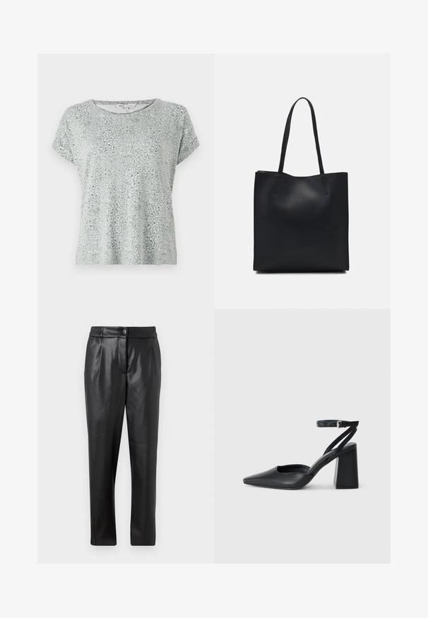 Gaiši zaļa T-krekls ar leoparda rakstu, apaļa izgriezuma, īsām piedurknēm un mīksta, strukturēta auduma. Ikdienas un brīva piegriezuma dizains.; Melni ādas bikses ar gludu tekstūru, taisnu piegriezumu, elastīgu jostasvietu un priekšējo pogu aizdari; ar krokām un sašaurinātām kājām.; Melna ādas augstpapēžu kurpe ar norakstīto purngala formu, potītes siksniņu un masīlu papēdi. Gluda tekstūra, elegants dizains un minimālisma estētika.; Melnas ādas somiņa ar gludu tekstūru, taisnstūra formu un divām garām rokturiem. Nav redzamu aparatūras vai rotājumu.