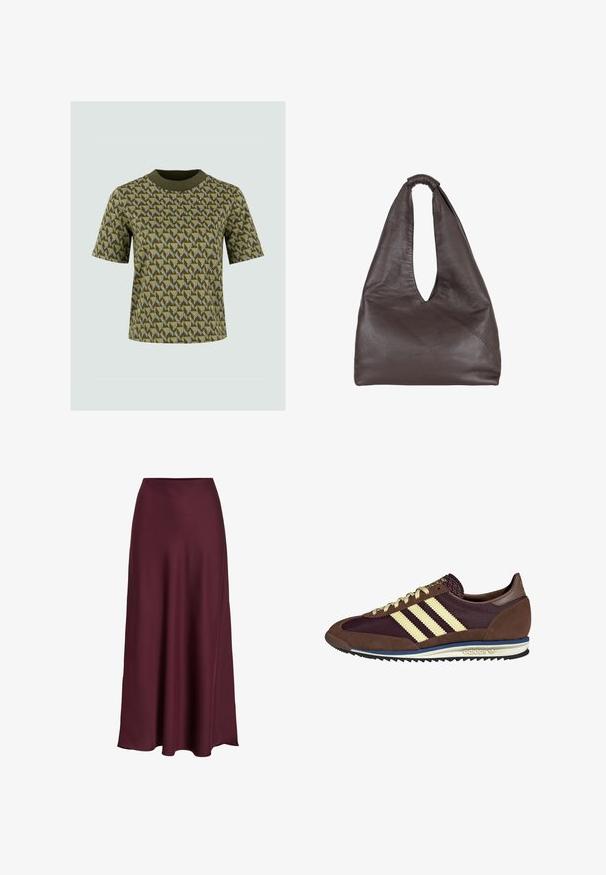 Kurzärmliges grünes T-Shirt mit geometrischen Mustern in Dunkelgrün und Gelb, einem gerippten Rundhalsausschnitt und einer lässigen Passform.; Burgunderfarbene Satin-Maxikleid mit glatter Textur, hoher Taille und fließender Silhouette, die sich sanft zur Saumkante hin ausläuft.; Braune und burgunderfarbene Sneaker aus Wildleder und Mesh-Materialien, mit drei cremefarbenen Streifen, strukturiertem Stoff an der Zunge und einer Gummisohle.; Braune Lederhandtasche mit einem lässigen, übergroßen Design. Verfügt über einen Schlaufenhandgriff und eine tiefe V-förmige Öffnung für einfachen Zugang. Weiche Textur, minimalistischer Stil.