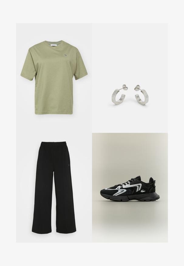 Lacoste Navadna majica - khaki; Črne široke hlače s elastičnim pasom. Narejene so iz mehkega, lahko materiala. Imajo vertikalne šive spredaj.; Črne atletske čevlje z mrežnimi paneli, srebrnimi akcenti in teksturiranimi črnimi prekritji. Imajo vezalke in ukrivljen, trpežen podplat.; Srebrne kovinske obročaste uhane s teksturiranim dizajnom, ki imajo majhen zatič in blagovno znamko na enem obročku. Okrogla oblika z poliranim zaključkom.
