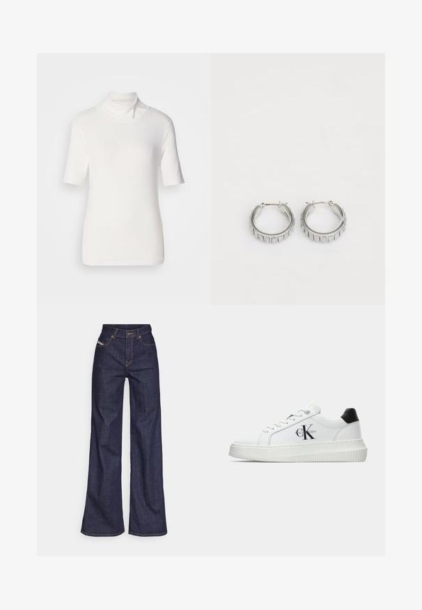 Top bianco a maniche corte con collo alto, realizzato in tessuto elasticizzato, caratterizzato da un colletto alto con dettaglio zip sullo scollo.; Jeans a gamba larga di denim blu scuro con vita alta, caratterizzati da cuciture arancioni, design a cinque tasche e chiusura con bottone.; Sneaker bassa bianca con tassello nero sul tallone, suola a piattaforma, lacci e logo "CK" di Calvin Klein sul lato.; Orecchini a cerchio in argento con un design testurizzato caratterizzato da scanalature verticali. Forma circolare con una chiusura a scatto sicura. Finitura liscia.