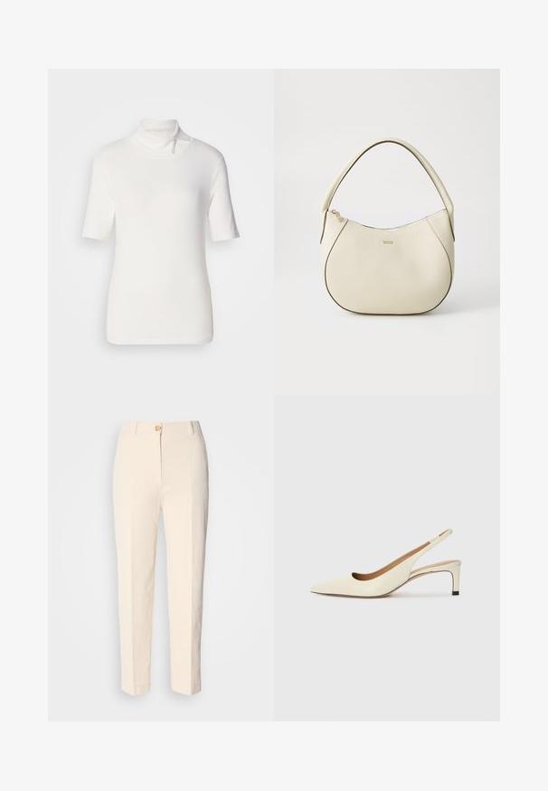 Witte kortemouwen coltrui, gemaakt van rekbare stof, met een hoge kraag en een ritssluiting op de hals.; Crèmekleurige, hooggerocalde broeken van een gestructureerde stof. Voorzien van een sluiting met knoop aan de voorkant en taps toelopende pijpen.; Puntaal geschoen met slingback in off-white leer, met een lage hak en uitsnedeontwerp, voorzien van een gladde textuur en minimale accenten.; Crème-kleurige handtas met een gestructureerde afwerking, gebogen vorm, korte handgreep en een goudkleurige logo-applicatie. Ritsafsluiting aan de bovenkant.